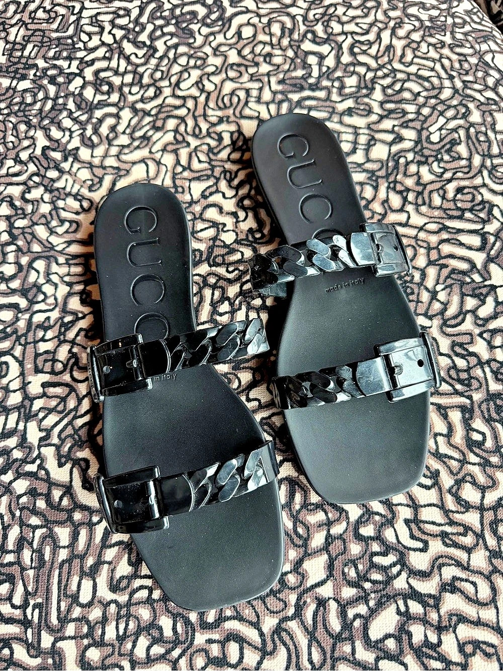 Gucci Black Chain Double Buckle Slide Sandals Size 40